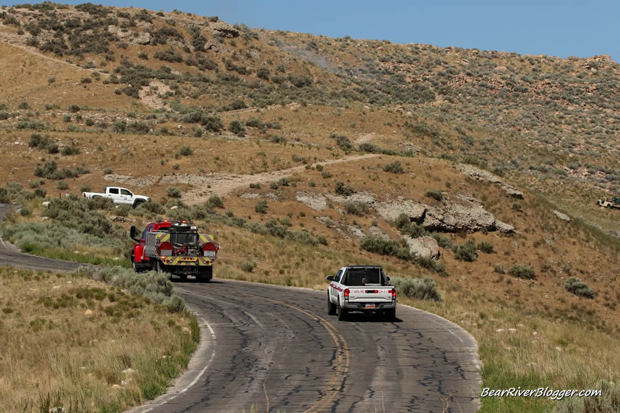 emergency crews arrive at the fire on antelope island