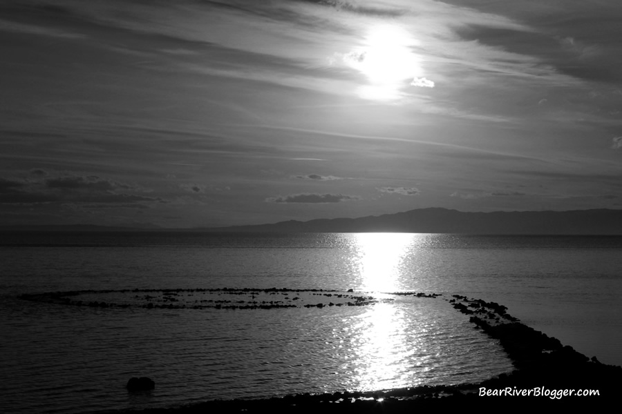 black and white sunset over the spiral jetty