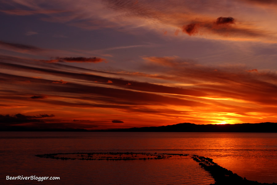 sunset over the spiral jetty on the Great Salt Lake