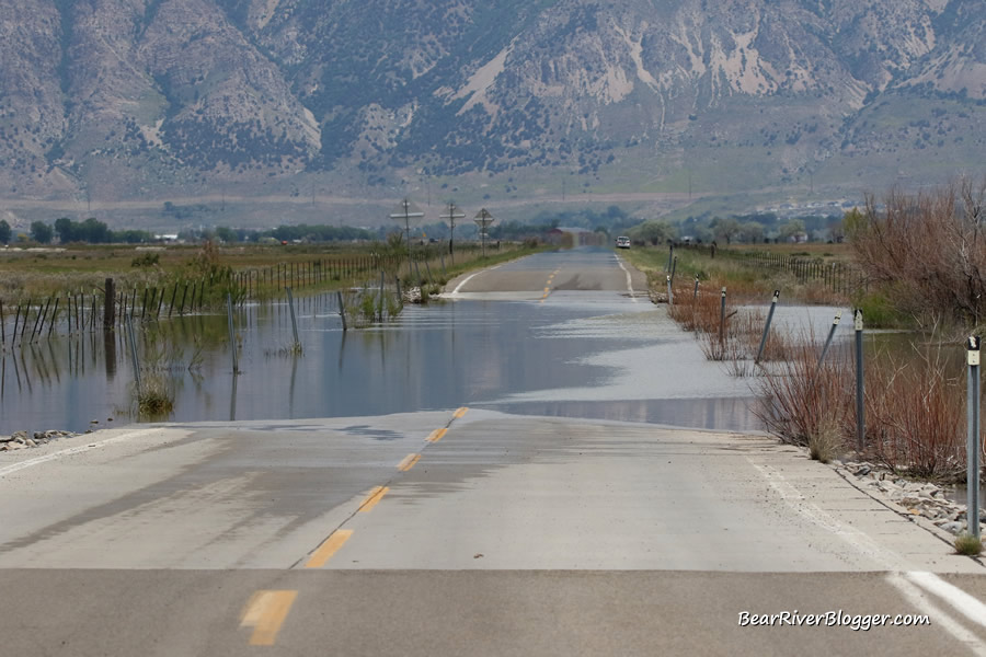 flood waters from the Bear River flowing over Forest Street on the Bear River Migratory Bird Refuge