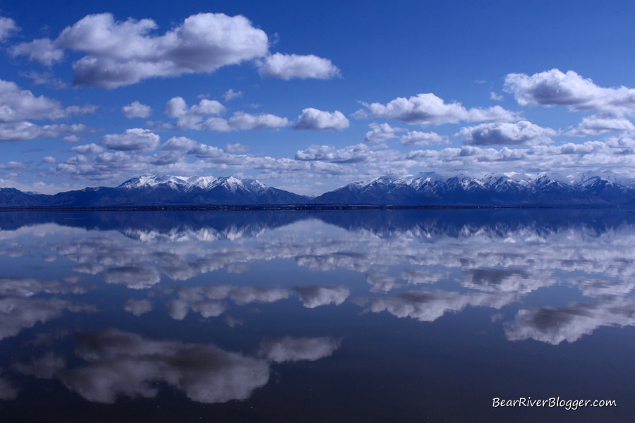 clouds reflecting on the water on the bear river migratory bird refuge