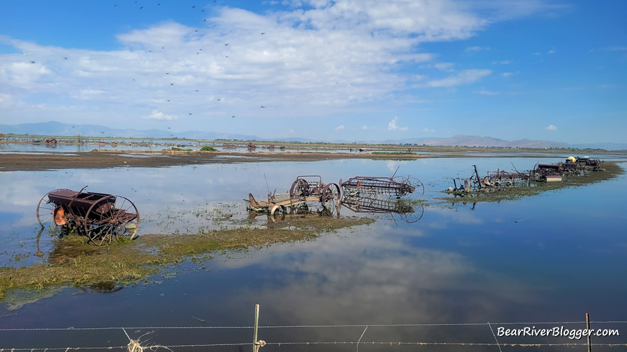 old farm machinery on Forest Street near the Bear River Migratory Bird Refuge