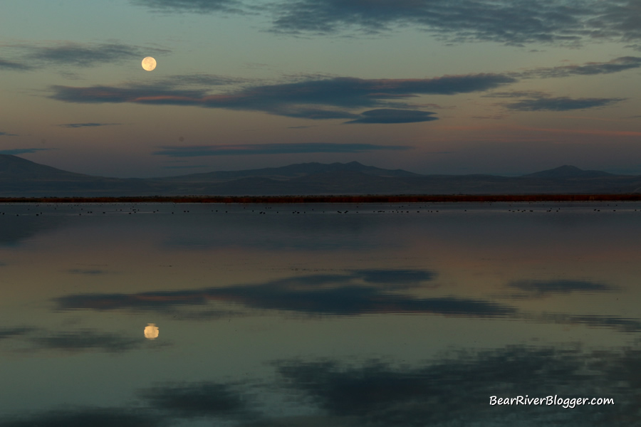 sunrise with a full moon and some clouds reflecting on the water