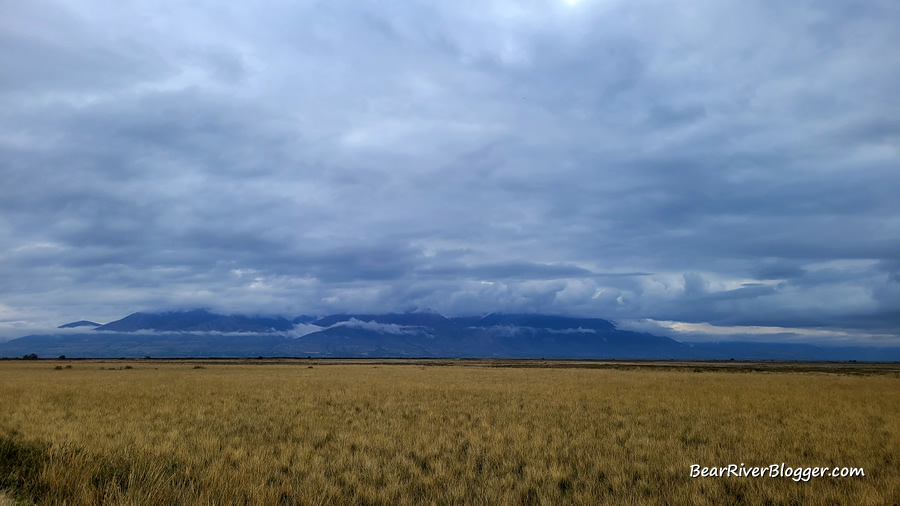low clouds hanging over the bear river migratory bird refuge
