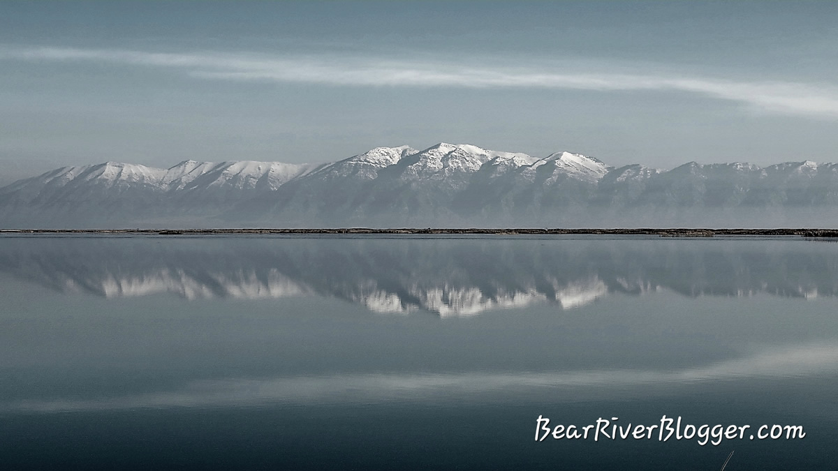 a mountain reflection on the bear river migratory bird refuge