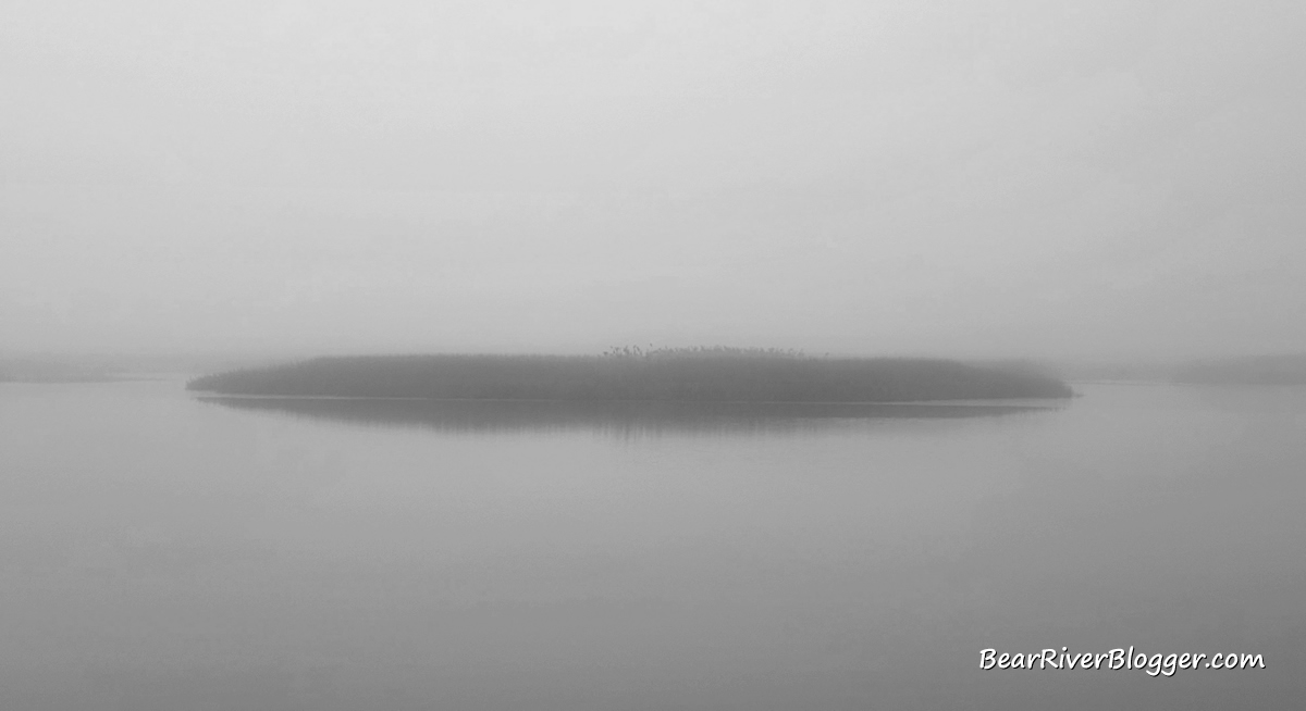 thick fog over open water on the bear river migratory bird refuge