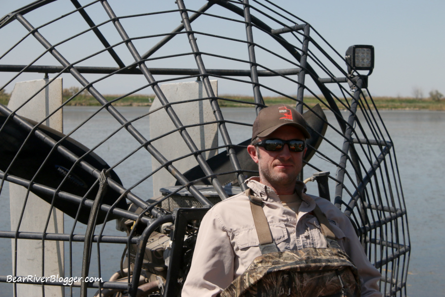 David England, Utah DWR, getting ready to navigate our airboat through the wetlands of Ogden Bay.