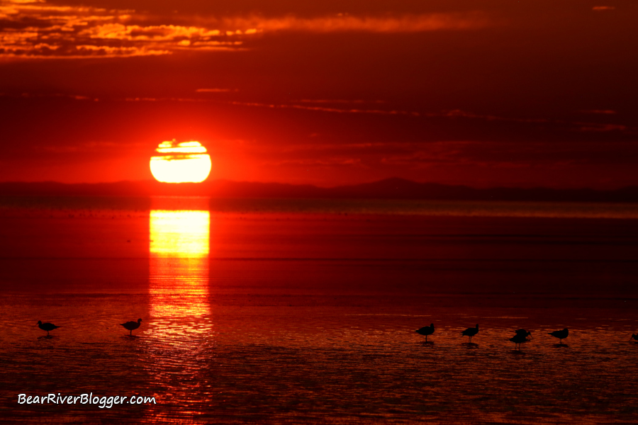 Bright red sunset on the Great Salt Lake