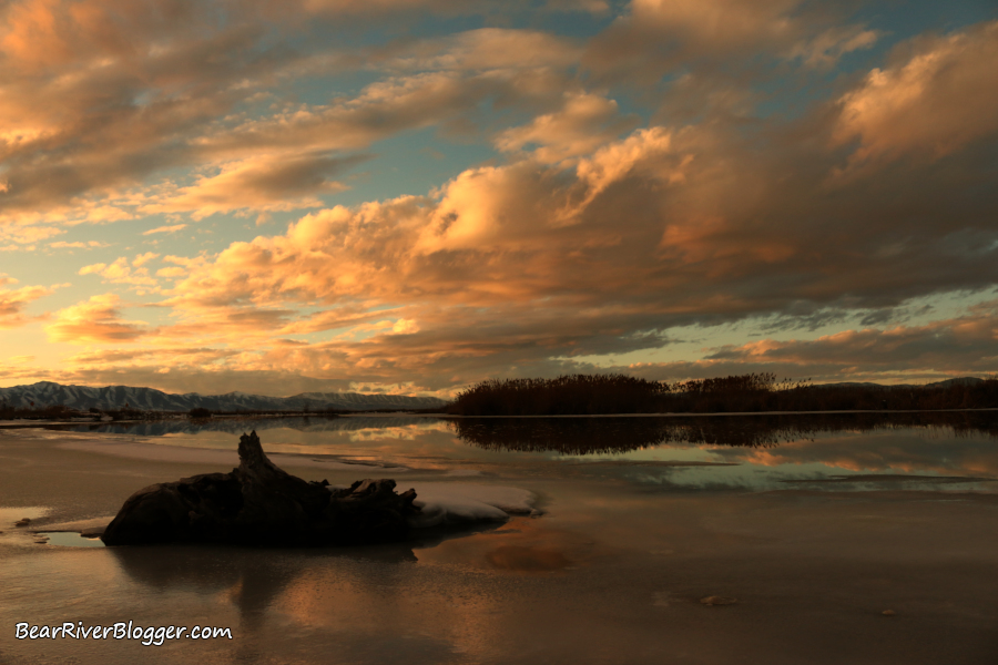 frozen river and clouds on the bear river migratory bird refuge make for some great scenery.