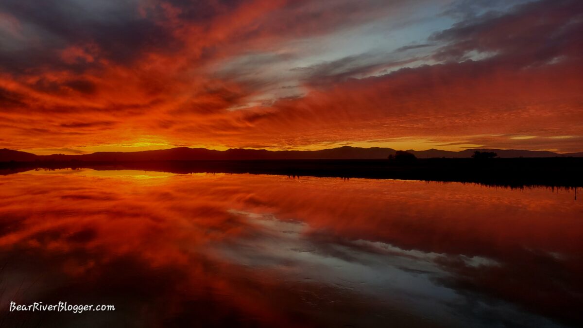 Brilliant bright red sunset on the Bear River Migratory Bird Refuge.