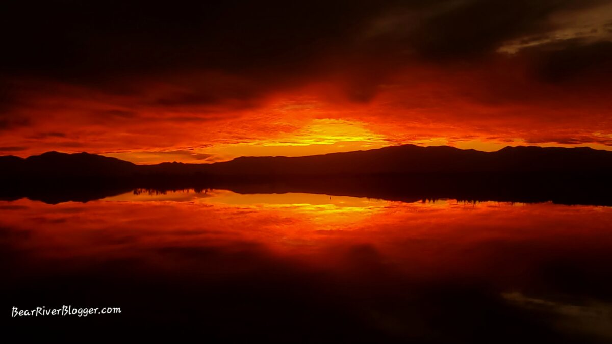 A bright red sunset on the Bear River Migratory Bird Refuge.