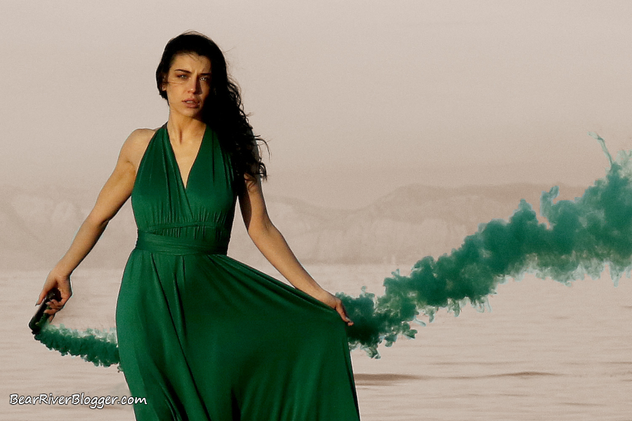 outdoor portrait photography with green smoke